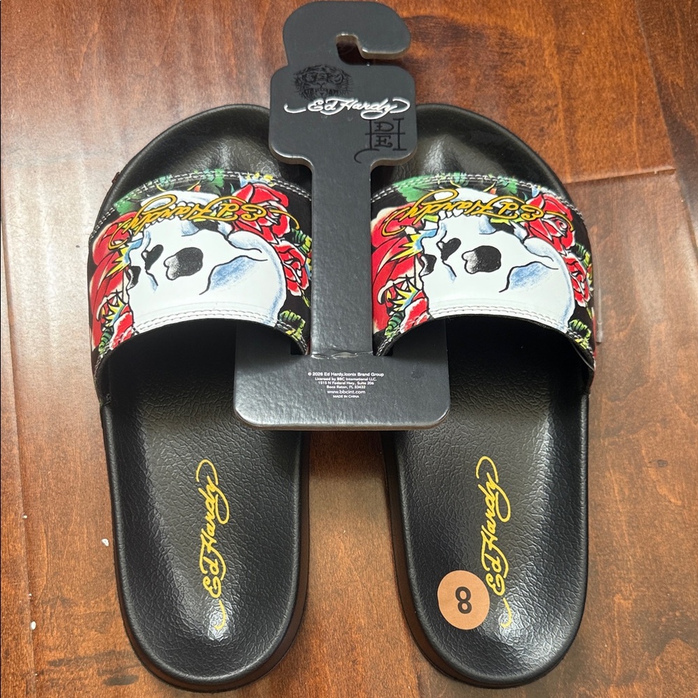 Ed Hardy Black Slide Sandals with Red & White Skull Graphic